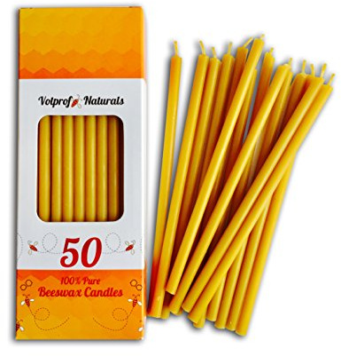 50 All Natural Décor 100% Pure Beeswax Taper Candles – Tall (6 in), Unscented, Dripless, Smokeless, Slow Burning, Non Toxic, Honey Scent - for Home, Dinner, Cake, Prayer, Church, Hanukkah, Christmas