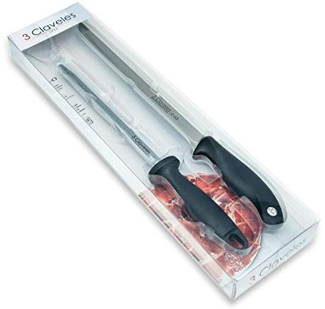 3 Claveles Set Cuchillo JAMONERO EVO Y CHAIRA B 3C, Negro, Gris, 25 cm