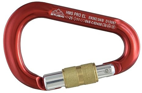 STUBAI HMS Karabiner Rot | Schraubkarabiner 115×73 mm mit Easylock Keylock-Verschluss | EN 12275/EN 362/UIAA 121 Zertifiziert, 25/11/8 kN, Schnapperöffnung 23 mm, 100 g, für Klettern & Bergsteigen