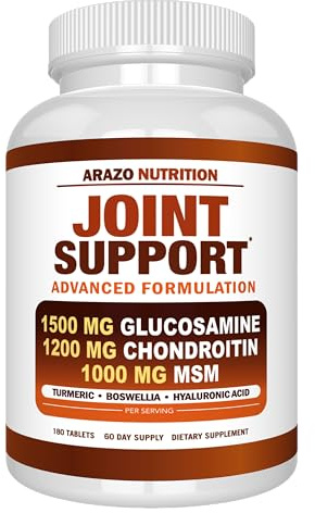 Arazo Nutrition Glucosamine Chondroitin Turmeric Msm Boswellia - Joint Support Supplement for Relief for Bones, Back, Knees, Hands (180 Tablets)