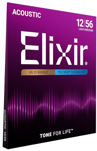 Elixir Strings, Acoustic Guitar Strings, 80/20 Bronze with POLYWEB Technology, Longest-Lasting Warm Tone with Comfortable Feel, 6 String Set, Light/Medium 12-56