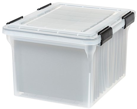 IRIS USA File Box WeatherPro Organizer Plastic for Letter/Legal, Water Resistant Document, Durable Lid, Seal w/Secure Latching Buckles, Stackable, Nestable, Clear 32 Qt. 1 Pack