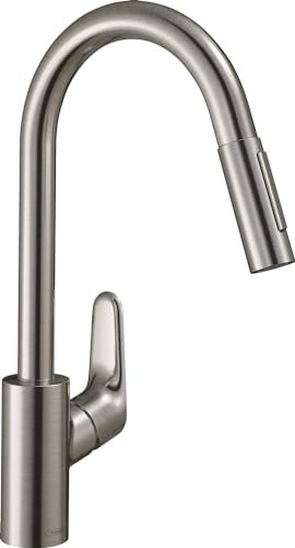 hansgrohe Focus M41 - Küchenarmatur mit Brause ausziehbar, 2 Strahlarten, Wasserhahn Küche mit Auslaufhöhe 240 mm, Mischbatterie Küche schwenkbar, Edelstahl Finish