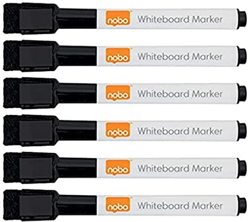 Nobo Mini Whiteboard Pens With Magnetic Eraser Cap, 2mm Fine Tip, Pack Of 6, Dry Wipe/Erase, Low Odour, Black, 2104184
