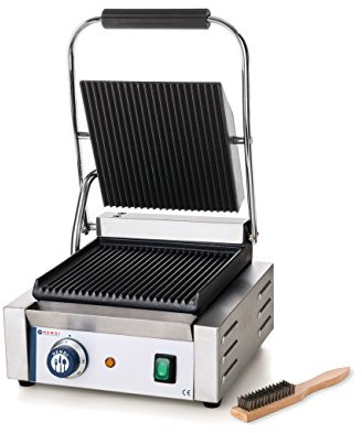 HENDI Piastra Elettrica a Contatto, Grill/Griglia Panini Professionale, Piastre Rigata in Ghisa Smaltata, 230V, 1800W, 310x375x(H)216mm, Acciaio Inox