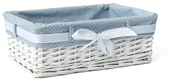 Woodluv Rectangular White Willow Wicker Hamper Storage Basket-With Blue Fabric & Ribbon (Gift Hamper Basket) -Medium