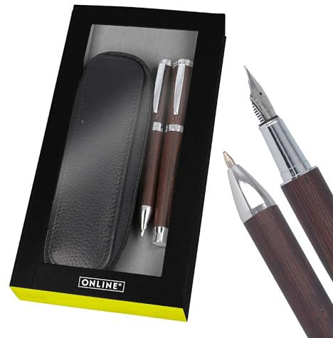 Online Schreibset Füller und Kugelschreiber aus Holz I inklusive Stifte-Etui aus Echtleder I Holzstifte auch Blackwood I Füllhalter, Kuli, Mäppchen in Geschenkbox