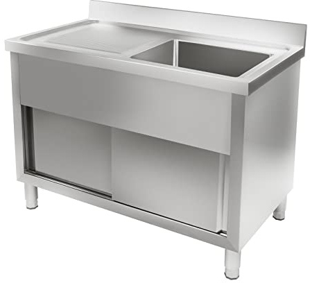 Royal Catering RCHS-1200WS Spülschrank Spültisch Spülbecken (Edelstahl, Schiebetüren, 65 x 120 x 95 cm, Aufkantung 10 cm)