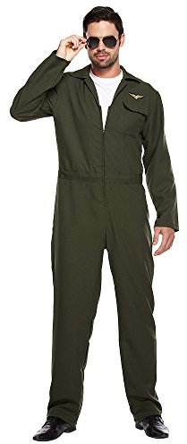 Mens Green Aviator Flight Suit Jumpsuit Fighter Pilot Fancy Dress Costume Outfit