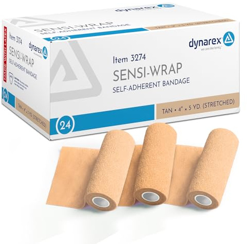 Dynarex Sensi-Wrap Self-Adhesive Bandages, 18-Pack, 4 x 5 Yards, Tan, Latex, Colored Elastic Cohesive Athletic Tape, Tattoo Grip & Vet Wrap