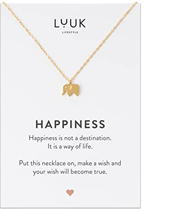LUUK LIFESTYLE Collana Portafortuna con Ciondolo Elefante in acciaio inossidabile e Carta regalo HAPPINESS, Regali per Lei, Donna, Catenina in filigrana, Gioiello Moda, Oro (50cm c.)