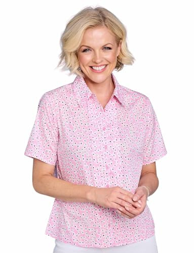 Chums Ladies Short Sleeve Pintuck Printed Blouse with Peter Pan Collar Top and Pintuck Front Detail for Women Pink 18