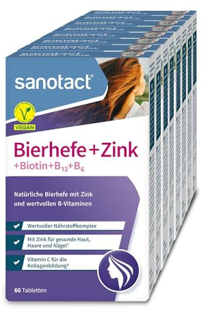 sanotact Bierhefe + Zink (8 x 60 Tabletten) • Für Haut, Haare & Nägel • Vitamin-Komplex mit Bierhefe, Zink, Biotin, Vitamin B12, B6 & Vitamin C • Haut & Haar Vitamine • 100% Vegan