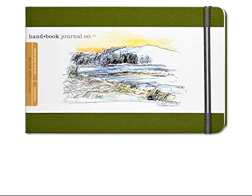 Handbook Journal Co. Sketch Book - Large Landscape 5.5 x 8.25 in Cadmium Green European Linen-Bound Hard Cover, 128 Pages (64 Sheets) of 130 GSM Acid-Free Art Drawing Paper, Pocket and Elastic Closure
