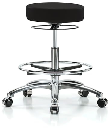 Perch Chrome Medical Rolling Stool with Foot Ring | Medium Bench Height 21-28.5 | Black Vinyl