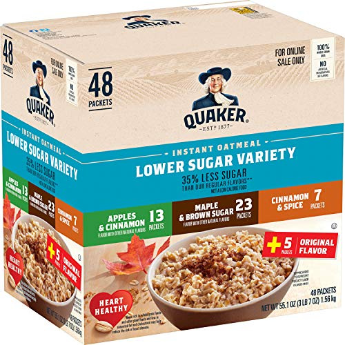 Quaker Instant Oatmeal, Lower Sugar, Variety Pack, Breakfast Cereal, 48 Counts
