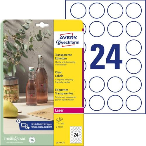 AVERY Zweckform L7780-25 transparente runde Etiketten (600 Klebepunkte, Ø40mm auf A4, selbstklebend, runde Aufkleber zum Bedrucken, wetterfest, Beschriftungen/Produktaufkleber) 25 Blatt, durchsichtig