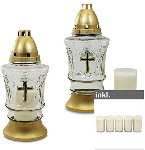OLShop AG 2er Pack Glas Grablampen Kreuz weiß mit Ölkompolicht und Deckel inkl. 5er Pack Ersatzlichter, Grablicht, Grabkerze, Grableuchte, Grablaterne, Grabschmuck, Trauerlicht