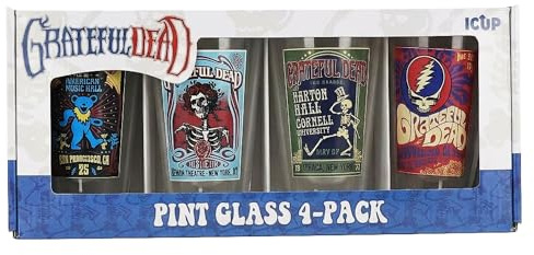 ICUP Grateful Dead Pint Glass 4-Pack, 16 oz Collectible Glassware Set with Vintage Concert Poster Designs for Deadheads & Music Fans