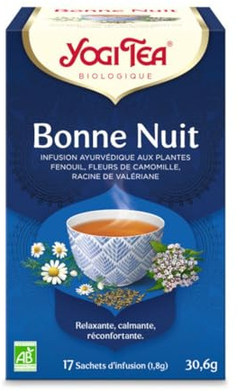 YOGI TEA – Bonne Nuit Bio – Infusion Relaxante Sans Caféine – Mélange de Fenouil, Fleurs de Camomille & Racine de Valériane – Détente & Sommeil – 17 Sachets
