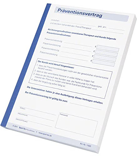 Sport-Tec Präventionsvertrag durchschreibend Vordruck Therapie 1 Block à 100 Sätze, DIN A5