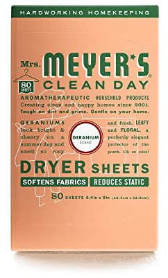 MRS. MEYER'S CLEAN DAY Dryer Sheets, Fabric Softener, Reduces Static, Infused with Essential Oils, Geranium, 80 Count