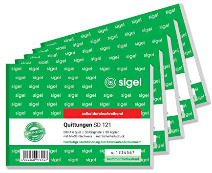 SIGEL SD121/5 Quittungsblock fortlaufend nummeriert, eindeutige 7stellige Nummer, A6 quer, 5 Stück, 2x50 Blatt, selbstdurchschreibend, aus nachhaltigem Papier