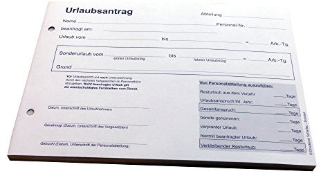 Druckerei Scharlau 1x Urlaubsantrag - Blocks Urlaubsantrag - Urlaub - DIN A5 quer - 3-fach - durschschreibend 3 x 30 Blatt - SD (22239)