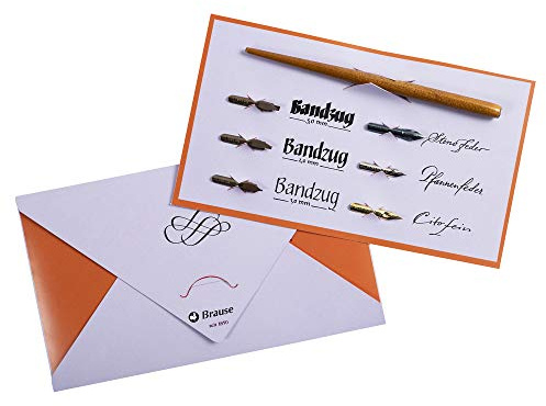 Brause 137B - Une pochette pour l'écriture et la calligraphie contenant 6 plumes (Sténo, Pfannen, Cito fein, Bandzug 1 mm, 2 mm et 3mm) et un porte-plume en bois