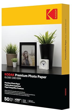 KODAK Photo Paper 6x4 (A6) Glossy - 10x15cm - 240gsm - 50 Sheets | Universally Compatible with HP, Epson, Canon Inkjet Printers, Premium Vivid Colour Printing, Ideal for Photo Albums & Frames