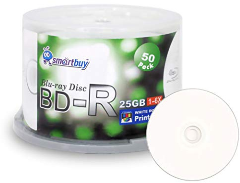 Smartbuy 50-disc 25gb 6X Bd-r BDR Blu-ray Single Layer White Inkjet Hub Printable Blank Data Recordable Media Disc with Cakebox/Spindle Packing