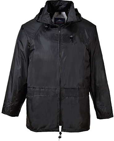 Portwest S440 Classic Rain Jacket Waterproof Coat Windbreaker Raincoat Hooded Workwear Pack Away Taped Seams Vented EN 343 PFAS Free Texpel Splash Eco UPF 40+, Black, XS