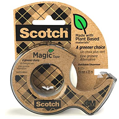 Scotch Magic Handheld Tape Dispenser, Refillable and 100% Recycled. Includes 1 Roll of Scotch Magic Invisible Tape A Greener Choice 19mm x 20m - Ideal For School, Home and Office, White