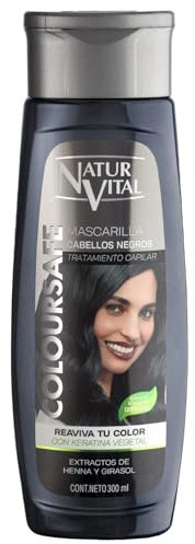 NaturVital - Mascarilla de Pelo ColourSafe, Sin Parabenos ni Siliconas, Coloración para Cabellos Negros, con Keratina Vegetal, Aporta Brillo y Protege el Color, 300 ml