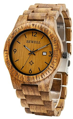 BEWELL ZS-W086B Men Wooden Watch Waterproof Quartz Movement Date Display Analog Wristwatches