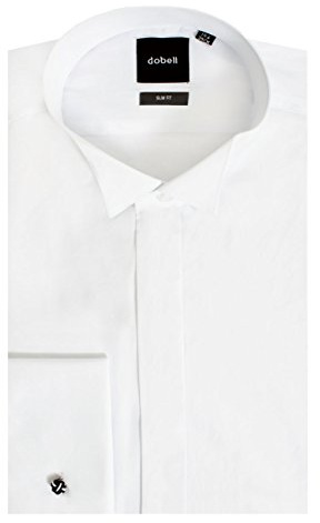 Dobell Mens White Dress Shirt Slim Fit 100% Cotton Wing Collar Plain Fly Front Double Cuff-16