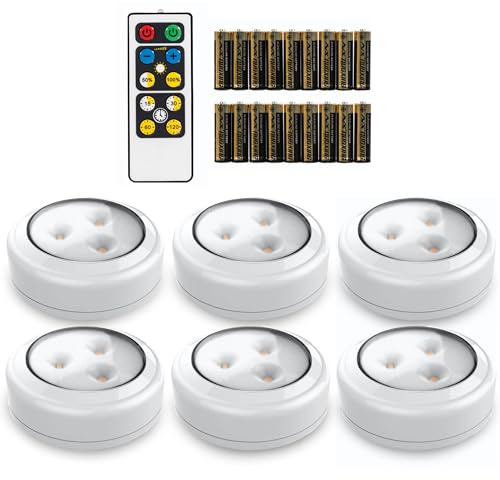 Brilliant Evolution Stick On Push Lights - 6 Pack Remote Controlled LED Lights Under Cabinets - DIY Stick On Lights for Closet, Counter, Kitchen - Battery Operated Puck Lighting with Remote