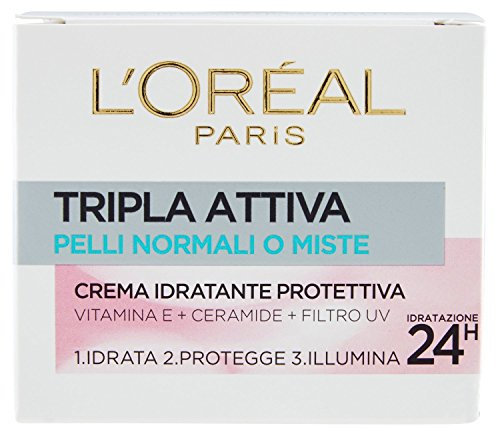 L'Oréal Paris Tripla Attiva Crema Viso Idratante Protettiva Giorno per Pelli Normali o Miste, 50 ml