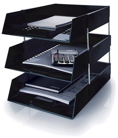 5 Star Black A4 Plastic Letter File Trays, Including Risers. (4 Trays/3 Riser Sets)
