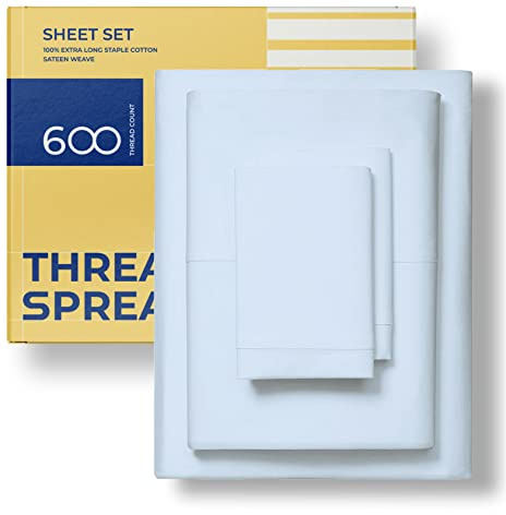 THREAD SPREAD Egyptian Cotton Queen Sheet Set - Luxury 600 Series Sheets Queen Size Bed Set (4 PC, Light Blue), 16 Deep Pocket All Around Elastic, Soft, Sateen Weave, Durable Hotel Bed Sheet Sets