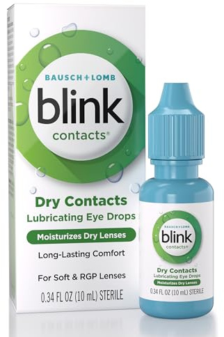 Blink Contacts Lubricating Eye Drops with Hyaluronate, Moisturizing & Soothing for Soft & RGP Contact Lenses, Refreshes Lenses, Hydrating & Comforting Daily Eye Care, 0.34 Fl Oz