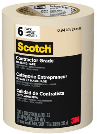 Scotch Contractor Grade Masking Tape, 0.94 inches by 60.1 yards (360 yards total), 2020, 6 Rolls