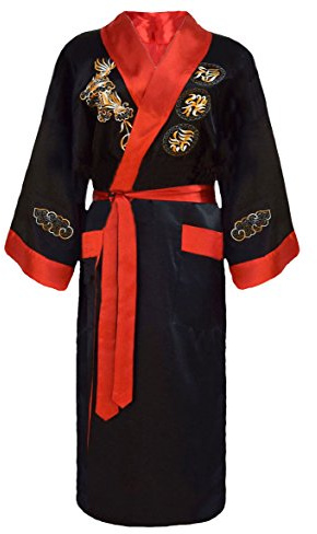 Men's Reversible Embroidered Japanese Kimono Robe Sleepwear Dressing Gown - Black and Red - Size: L