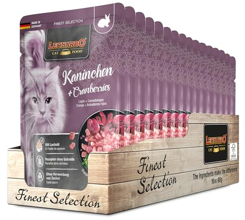 Leonardo Bolsas [16x85g Conejo + Arándanos] | Alimento húmedo sin Cereales para Gatos | Alimento Completo en prácticas raciones Individuales
