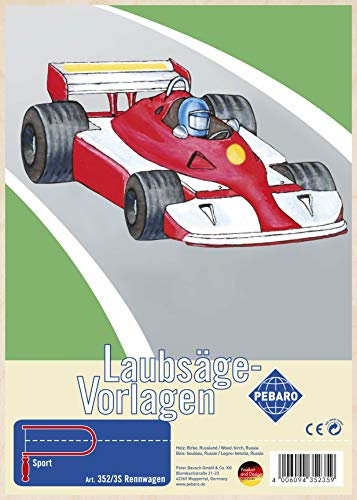 Pebaro 352/3S Laubsägevorlage Rennwagen, 3mm Sperrholz DIN A 4, Auto Motiv vorgedruckt, aussägen mit Laubsägebogen, basteln, anmalen, fertig, Laubsägen, Basteln mit Holz, Geschenkidee