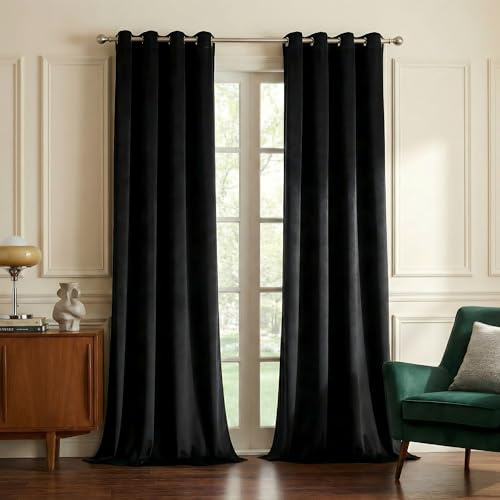 NICETOWN Black Velvet Blackout Curtains Patio Panels 96 inch Long, Media Movie Theater Room Decor, Energy - Efficient Velvet Woven Home Theater Eyelet Top Drapes for Living Room (1 Pair, W52xL96)