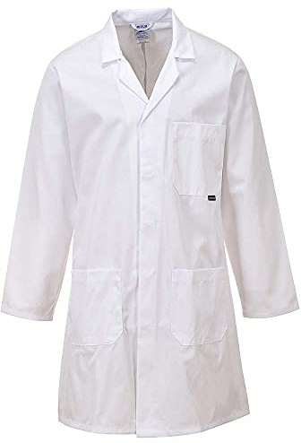 Portwest C852 Standard Arbetsjacka Tryckknappar Fram 4 Fickor Dold Framkant | Vit, 4XL, UPF 50+, Polybomull, Rankat Tyg, Slitstark, Haklapp och Hängslen, 100% Bomull, Förkrympt Tyg, Polyester, Lättvikt