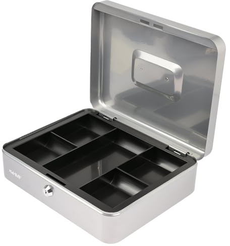HMF Cassetta portavalori con chiusura a chiave, cassa con inserto portamonete, 5 scomparti per monete | 30 x 24 x 9 cm | Argento
