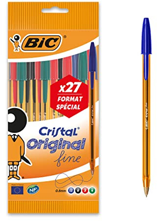 BIC - Penna a sfera Cristal, punta fine, fusto color arancione, 27 pezzi, colori assortiti