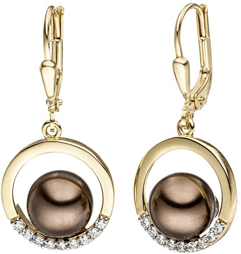 Jobo Damen-Ohrringe hängend aus 8 Karat 333 Gold mit braunen synthetischen Perlen und 18 Zirkonia